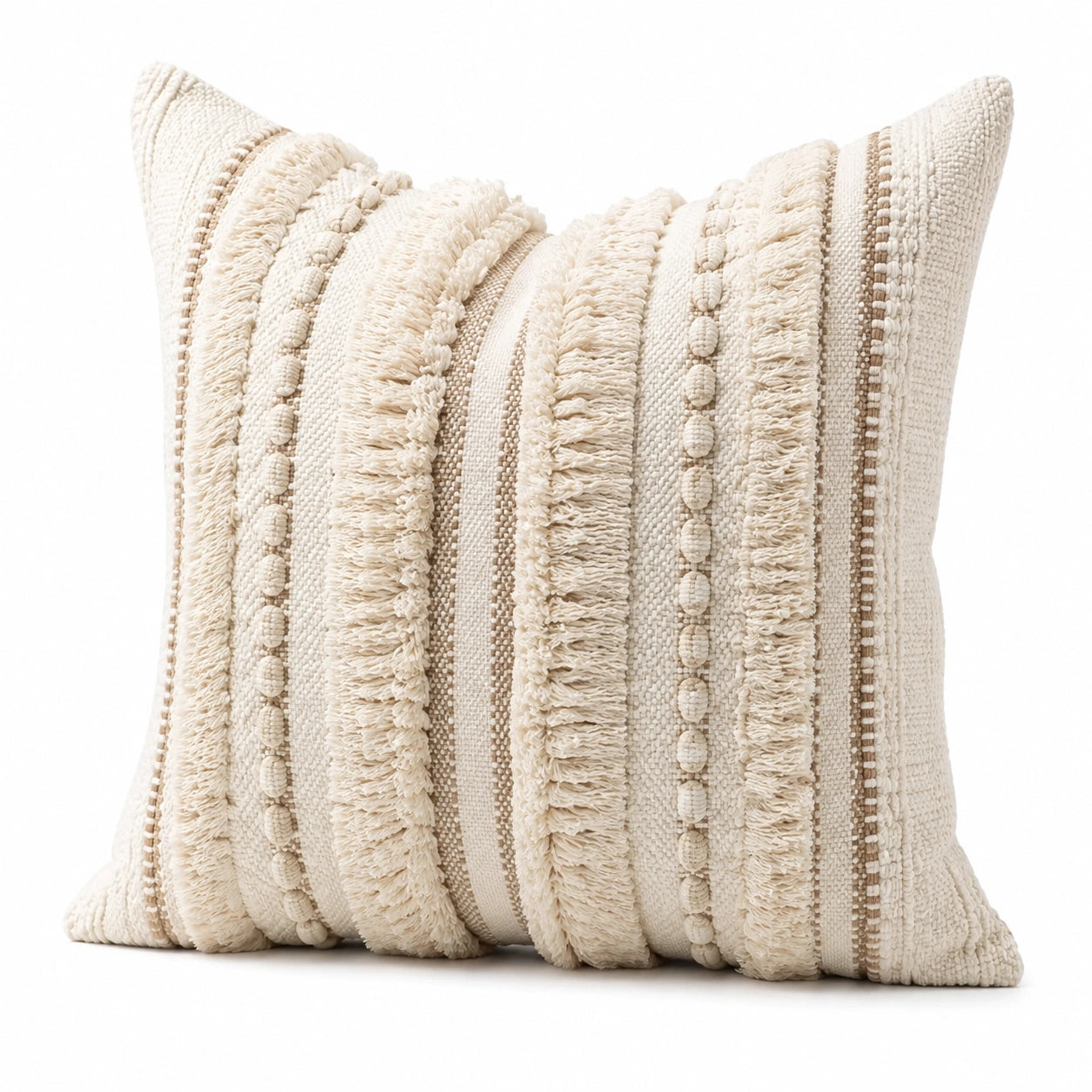 Cojín decorativo cuadrado 45 cm de tejido beige con flecos estilo bohemio