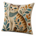 Cojín decorativo cuadrado 45 cm de tejido beige con gato estampado estilo botánico