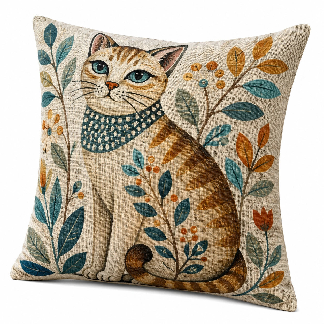 Cojín decorativo cuadrado 45 cm de tejido beige con gato estampado estilo botánico