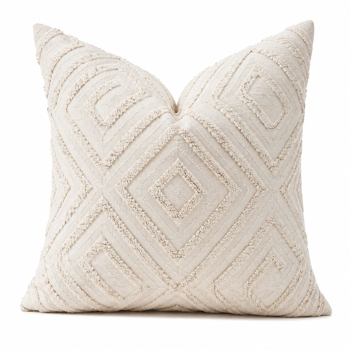 Cojín decorativo cuadrado 45 x 45 cm de tejido beige con relieve geométrico para salón estilo bohemio