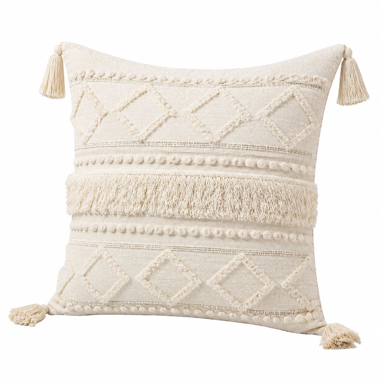 Cojín decorativo 45 x 45 cm de algodón beige con flecos estilo bohemio