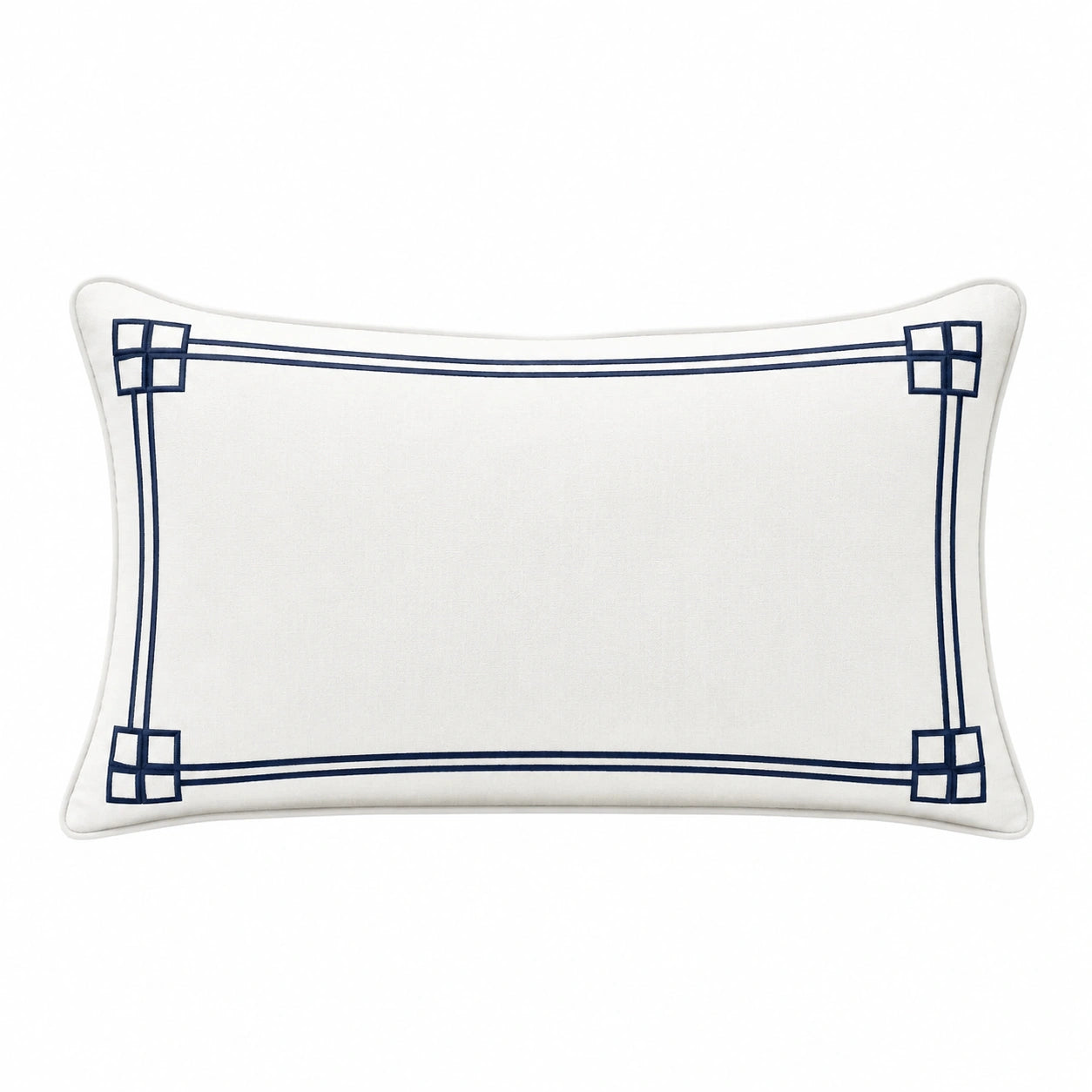 Cojín rectangular 50 x 30 cm de tejido blanco y azul marino - decorativo con bordado geométrico