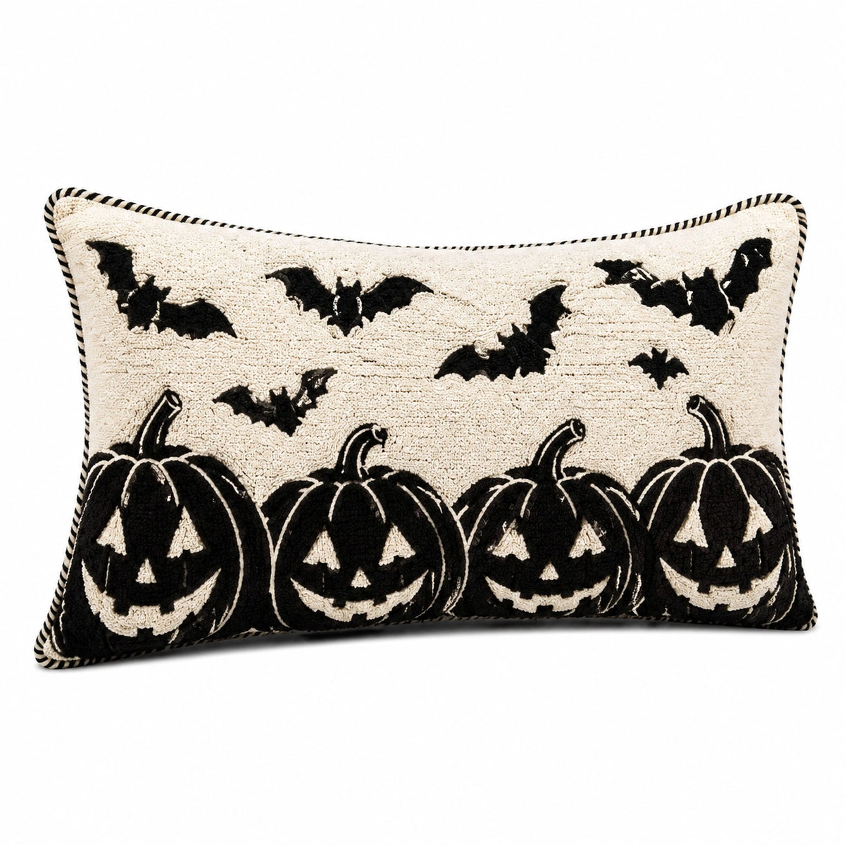 Cojín rectangular 50 x 30 cm de tejido texturizado negro y crema con calabazas decorativo