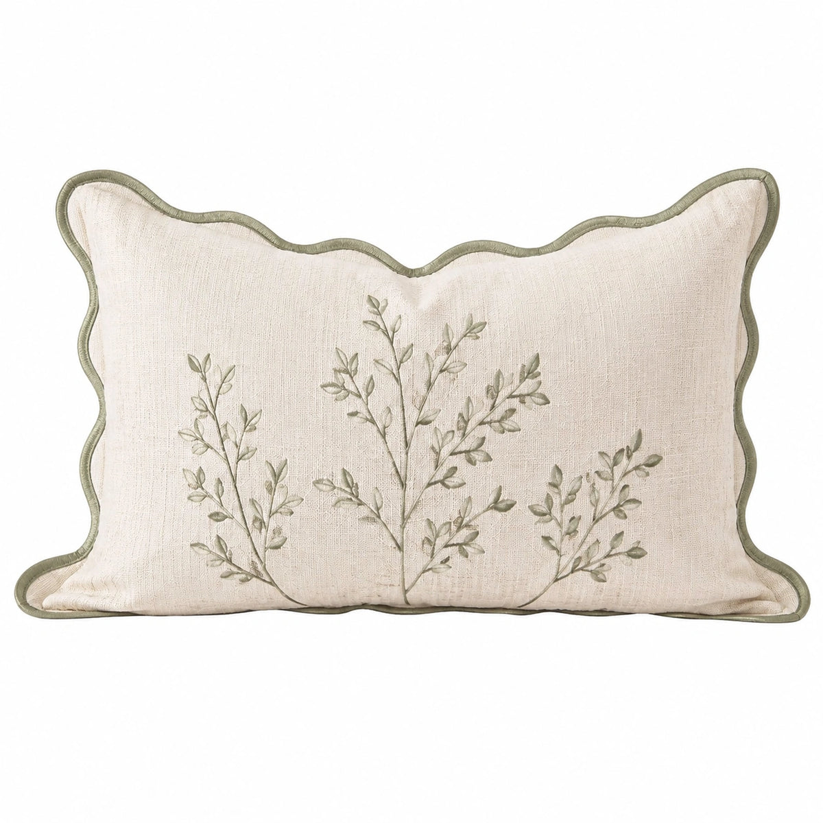 Cojín decorativo rectangular 50 x 30 cm tejido beige con bordado vegetal y ribete verde estilo natural