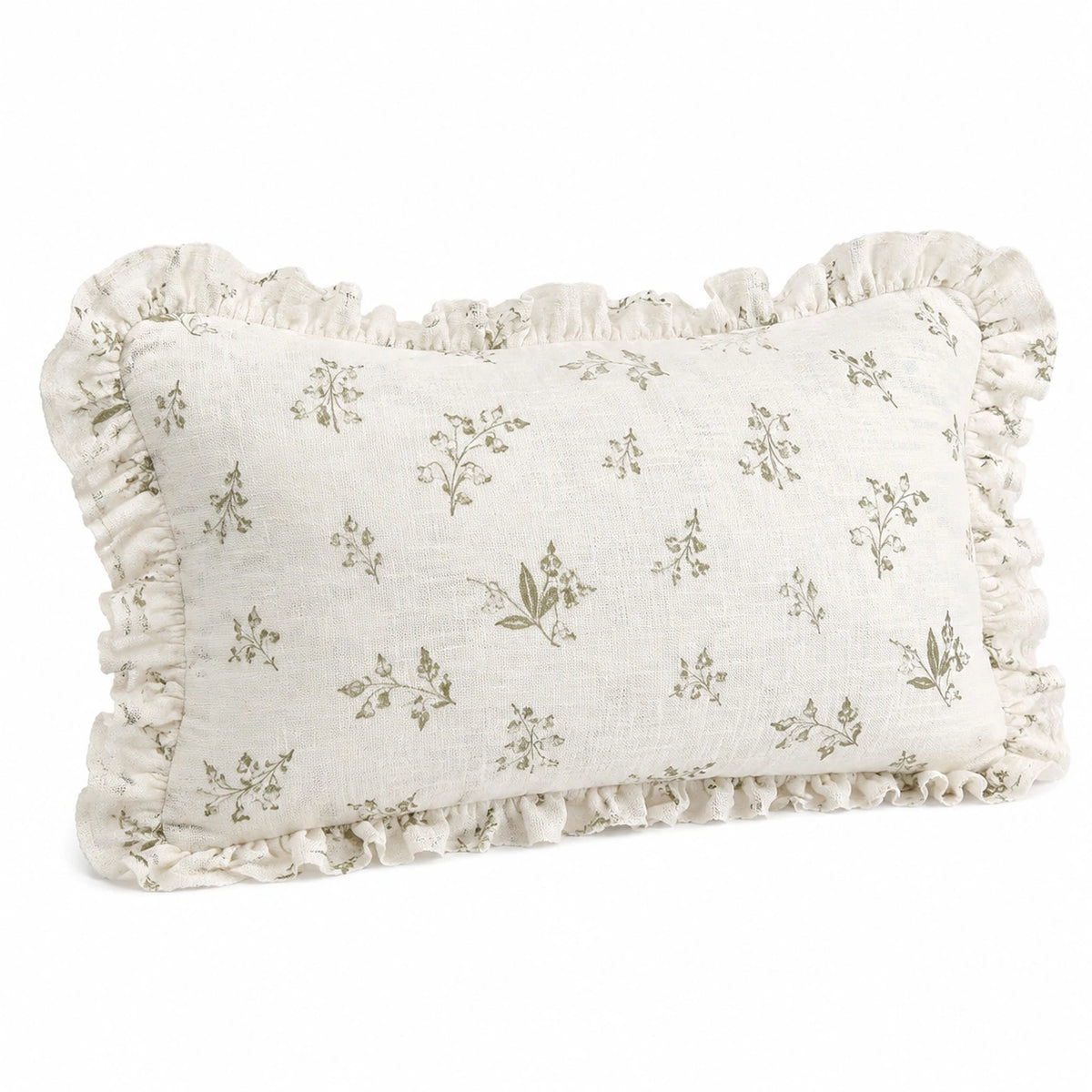 Cojín decorativo rectangular 60 x 40 cm de tejido blanco con estampado floral y volantes