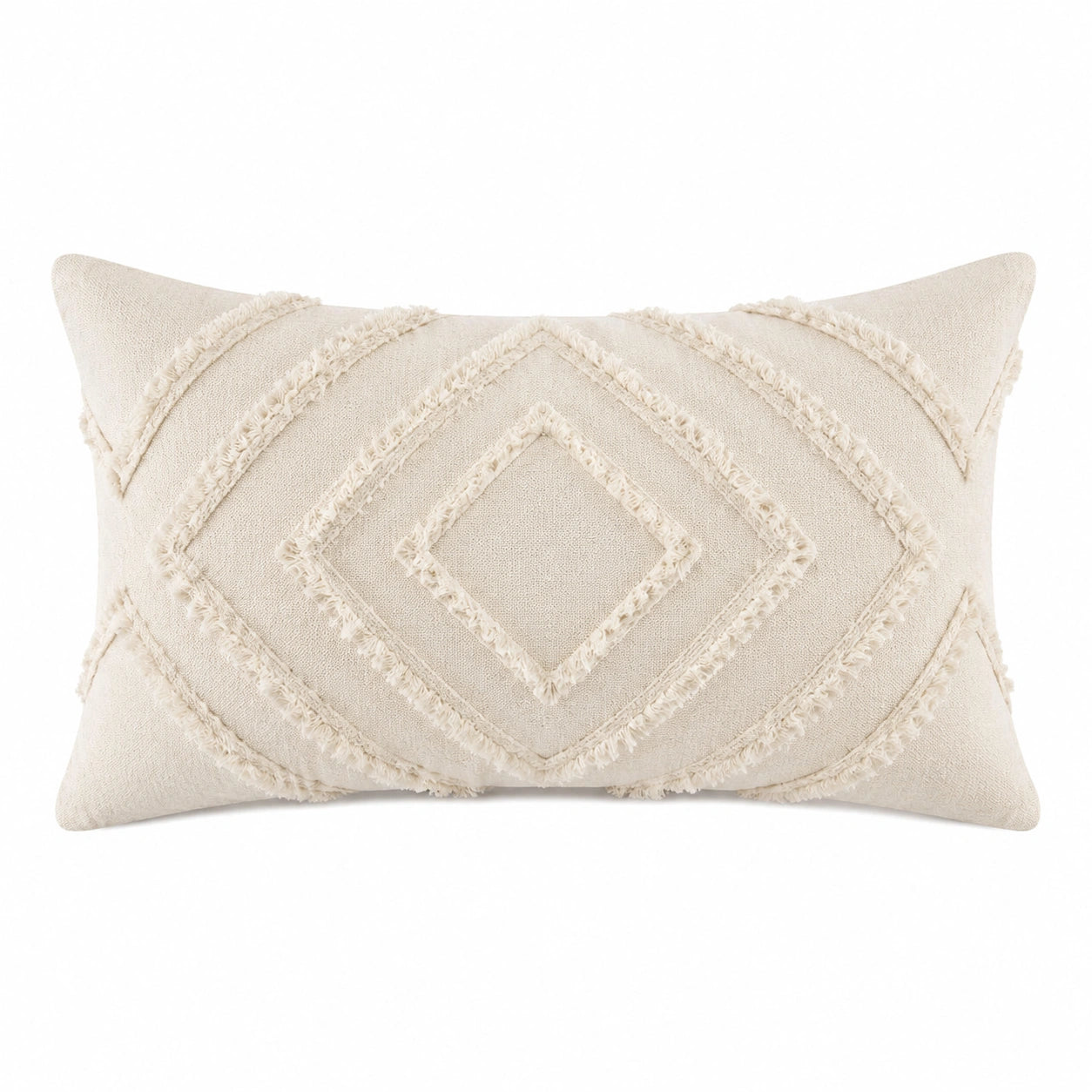 Cojín decorativo rectangular 50 x 30 cm beige de tejido con relieve geométrico estilo bohemio