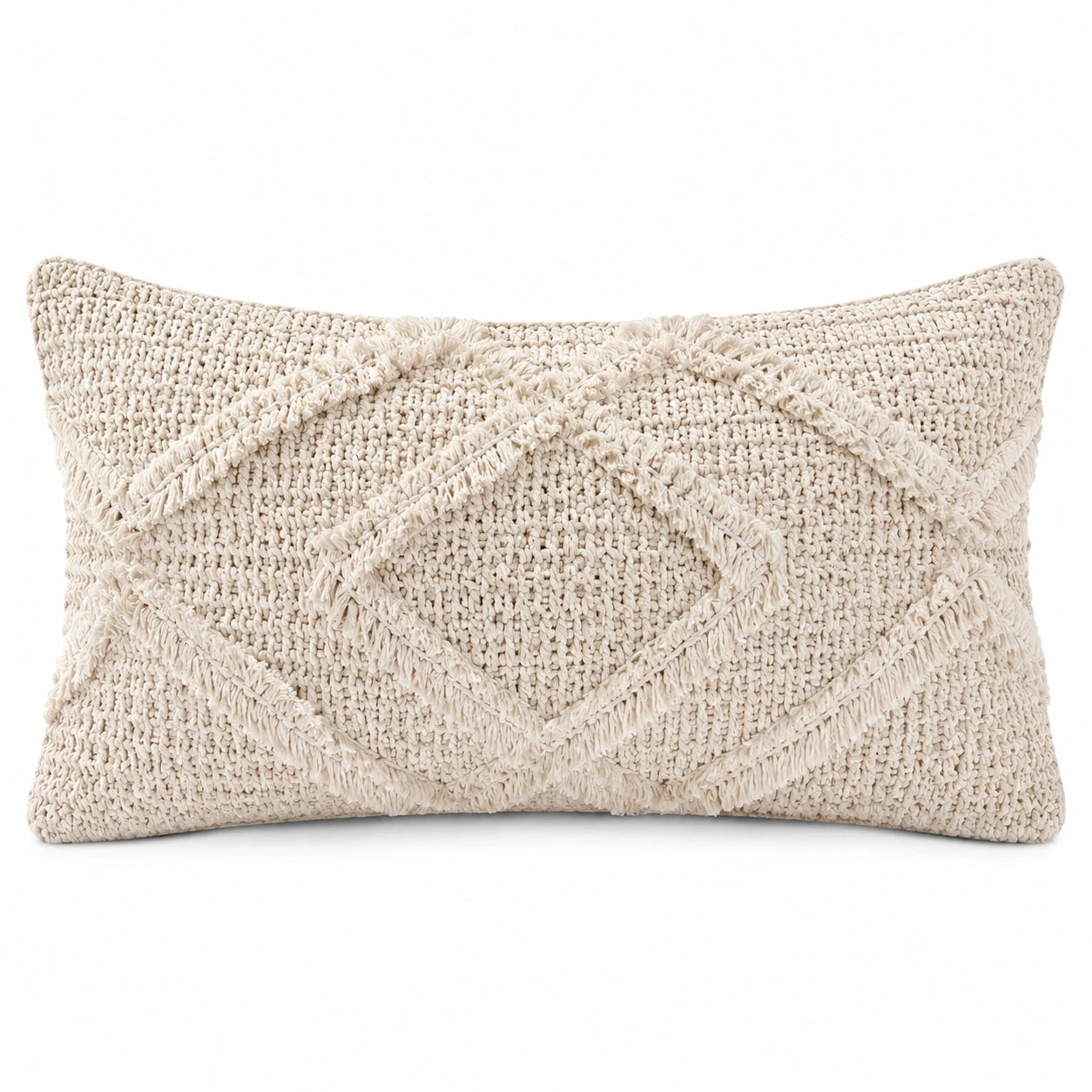 Cojín rectangular 45 x 30 cm de tejido beige con flecos estilo bohemio