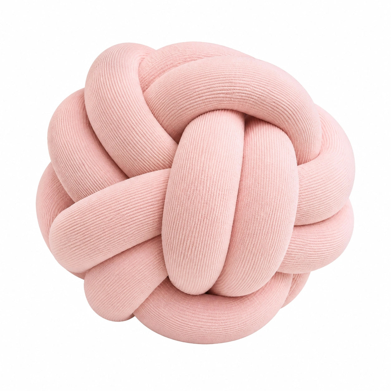 Cojín decorativo redondo 30 cm de tejido rosa con nudo y textura acanalada