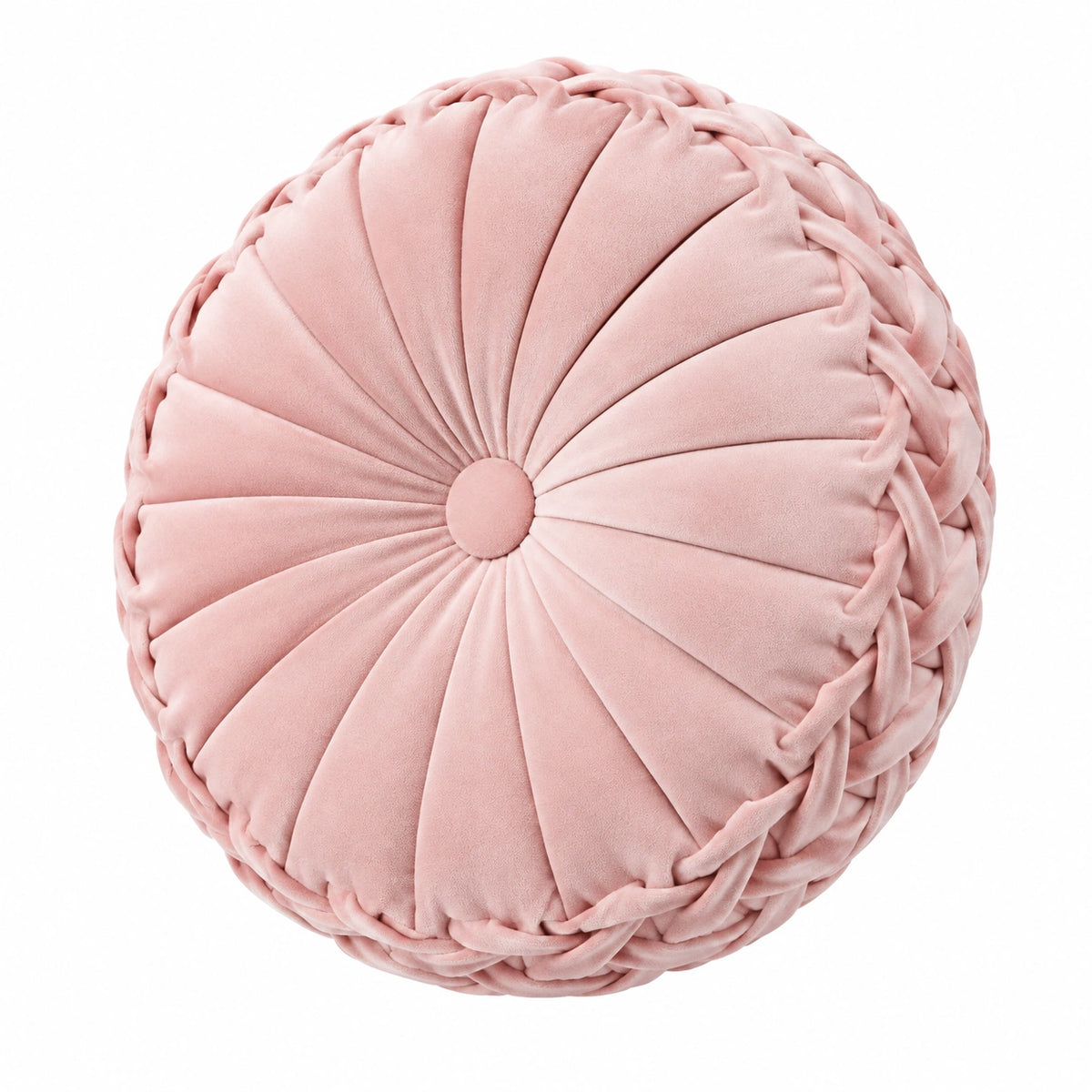 Cojín redondo 45 cm de terciopelo rosa con pliegues decorativos